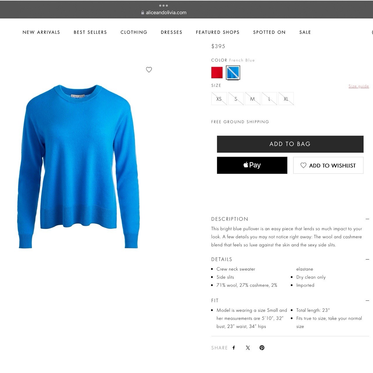 Alice + Olivia Angie Wool & Cashmere Blend Blue Pullover Sweater Sz LARGE image 4