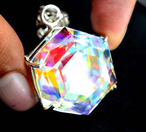 Natural Mystic Quartz 77.50Ct Hexagon Cut 925 Solid Silver Pendant LooseGemstone - Picture 3 of 11