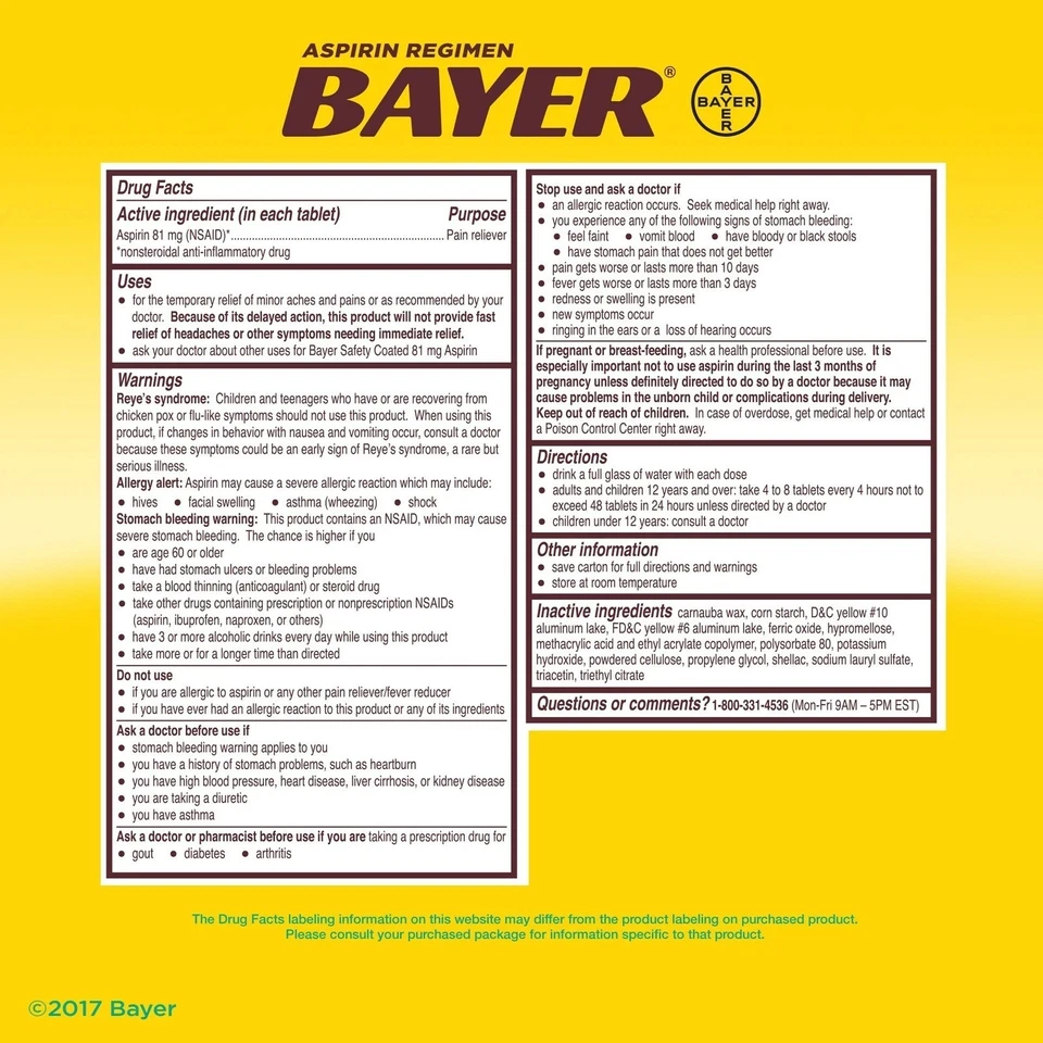 Régimen de aspirina Bayer dosis baja 81 mg., 400 comprimidos recubiertos entéricos ENTREGA GRATUITA Foto 2 de 4