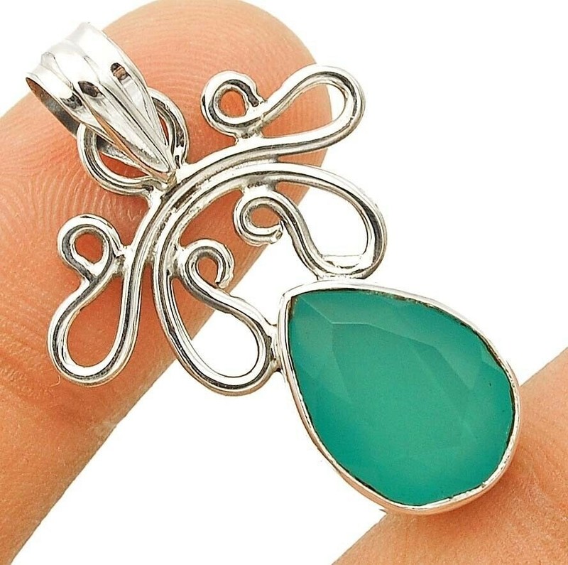 Natural Aquamarine Chalcedony 925 Sterling Silver Pendant 1 1/3" Long @21-4