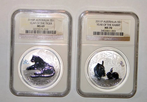 2010 & 2011 AUSTRALIA LUNAR YEAR OF THE TIGER & RABBIT 1oz SILVER COINS NGC MS69