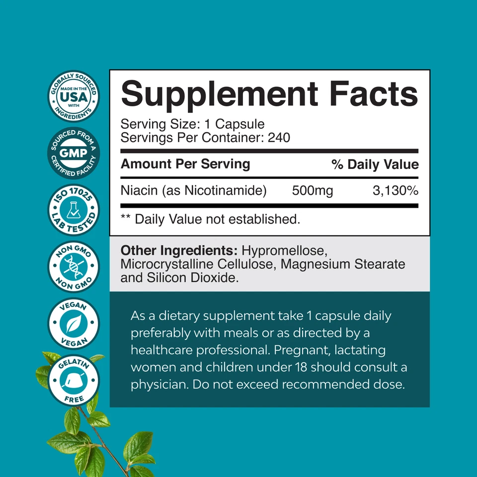 Vitamin B3 Niacinamide 500mg Capsules - Mitochondrial Energy & Potent Skin 240ct - Image 3 of 4
