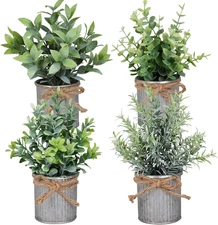 Small Artificial Plants Set of 4 Fake Potted Plant with Iron Pot Mini Greenery D