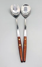VTG MCM Salad Serving Set Walnut Wood Handle Spoon Fork Stainless Steel Japan