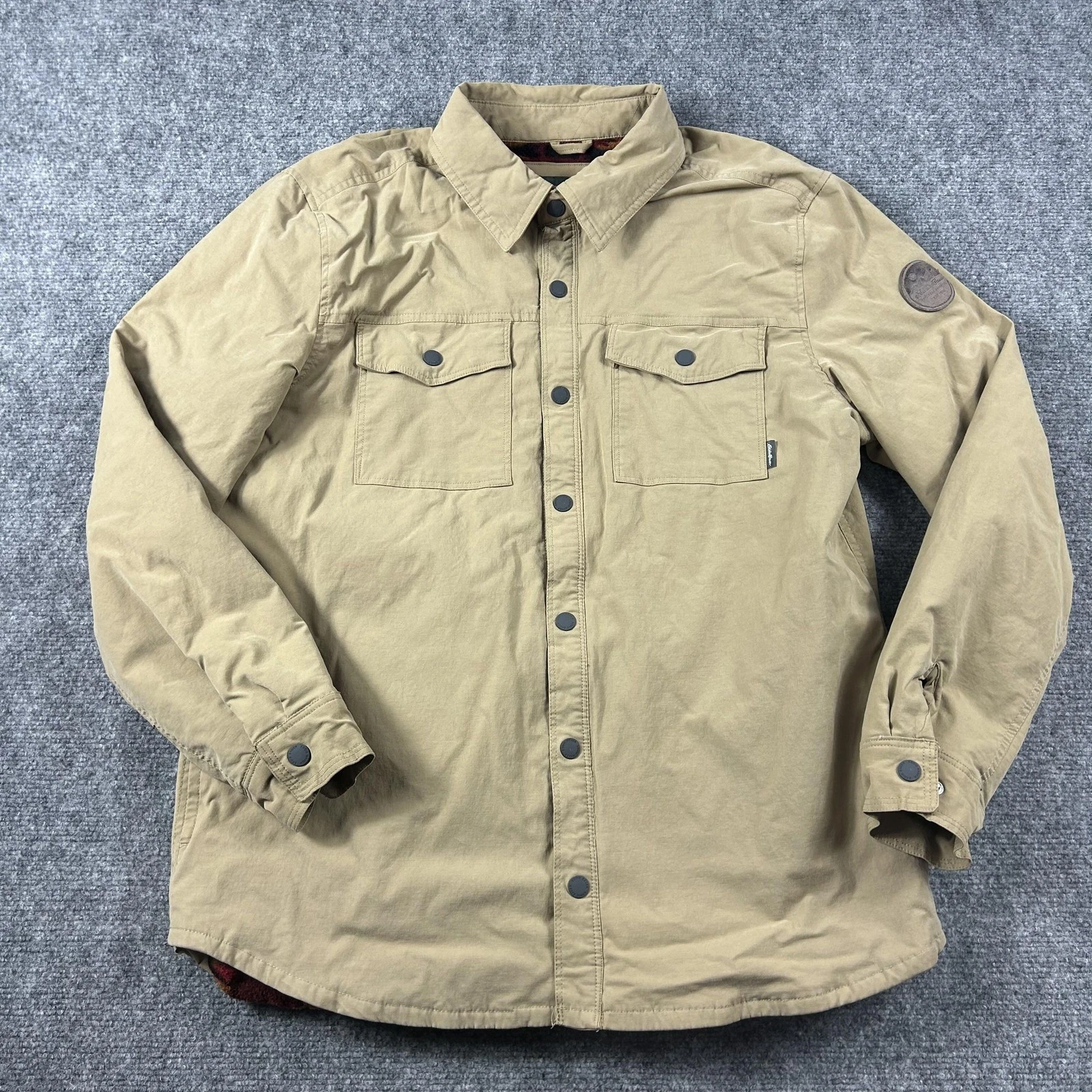 Eddie Bauer Jacket Mens Large Beige Fleece Lined Snap Front Canvas Shacket