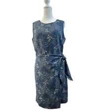 August Silk Dress 8 Blue Floral Sleeveless Wrap Style Vintage Summer Silk Flower