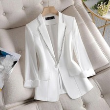 Formal Lady Office Suit Jacket Blazer Dress Lapel One Button Glitter Rhinestone