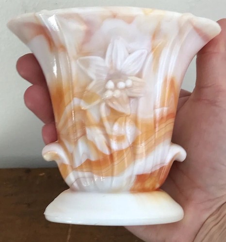 Retro 70s VASE Akro Agate Embossed Textured white Orange Swirl 4" USA MADE - Picture 12 of 17