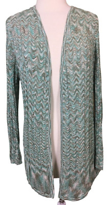 Chicos Lightweight Wavy Chevron Open Cardigan Pointelle Knit Metallic Threads LG