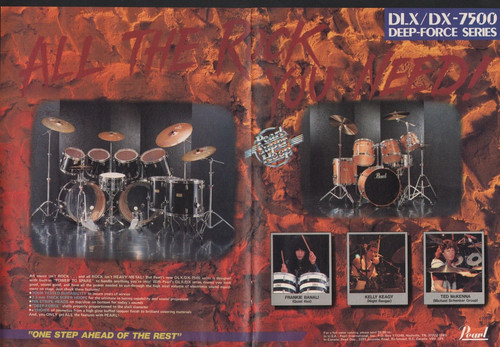 1984 2pg Print Ad of Pearl DLX DX 7500 Drum Kit w Frankie Banali, Kelly Keagy