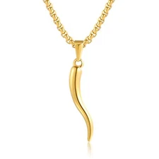 Gold Plated Italian Horn Necklace Cornicello Amulet Pendant Necklace Stainles...
