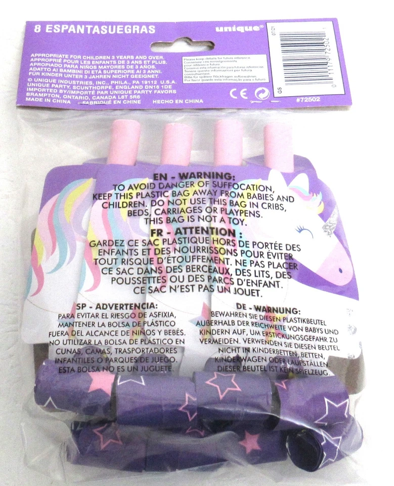Unicorn Noise Makers Blowouts 8 Ct. Nuevo Foto 4 de 4