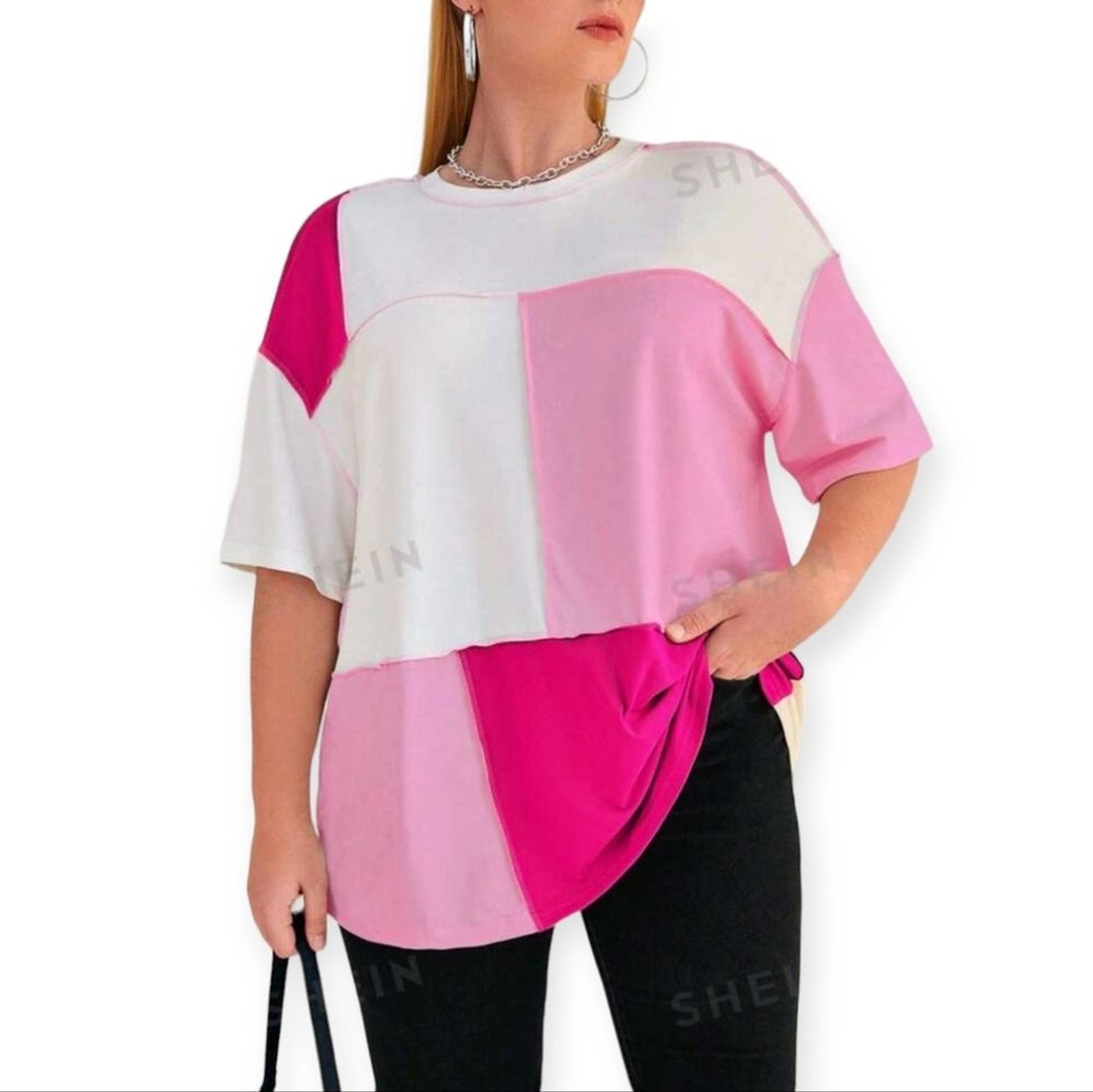 Shein Shades of Pink White Patchwork Round Neck Short Sleeve T - Main Image
