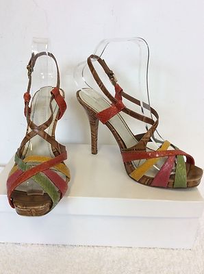 NINE WEST HELLBRAUN, GRÜN, GELB & KORALLE LEDER RIEMCHEN SANDALEN MIT ABSATZ GRÖSSE 4,5 / 37,5