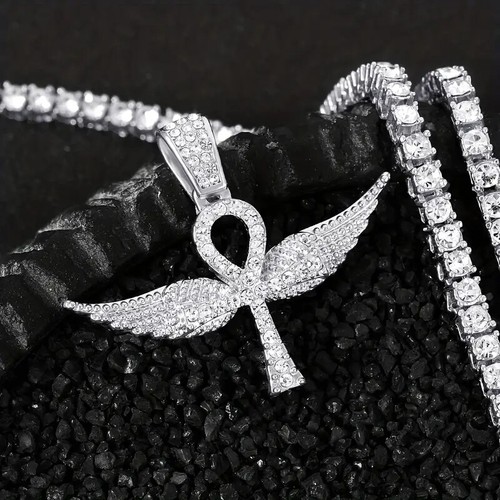 Ankh Cross Wings Pendant Iced 1 Row Cubic Zirconia Tennis Chain Hip Hop Necklace - Picture 5 of 11