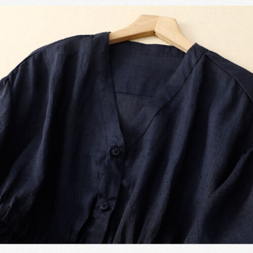 Women V-neck Blouse Shirt Top Cotton Linen Loose Button Casual Tie Waist - Picture 12 of 16