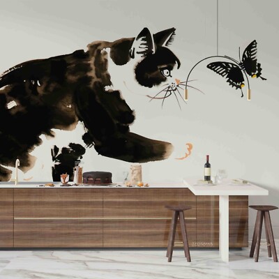 3D Cat Butterfly Painting Self-adhesive Removeable Wallpaper Wall Mural