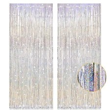 2 Pack 3.2ft x 8.2ft Metallic Tinsel Foil Fringe Curtains, Door Streamer Silver