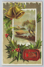 Postcard Merry Christmas Bell Cottage Scene Inset Holly Red Medallion J624