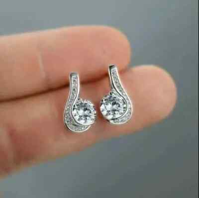 2CT Lab Created Diamond Drop Stud Earrings Push Back Stud 14K White Gold Finish