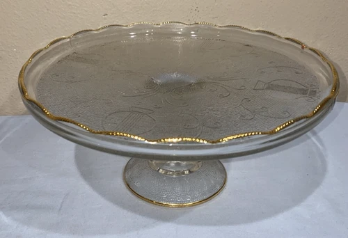 Vintage Harp Lyre Pedestal Cake Stand Plate Jeanette Glass Gold Rim (ToteRRR)
