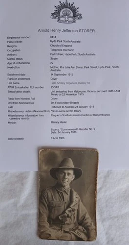 Australian WW1 Digger named photo. Military Medal winner. 6th Field Artillery.