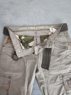 Timezone Herren Cargo-Hose Grau Baumwolle W33/L30 mit Gürtel, Taschen