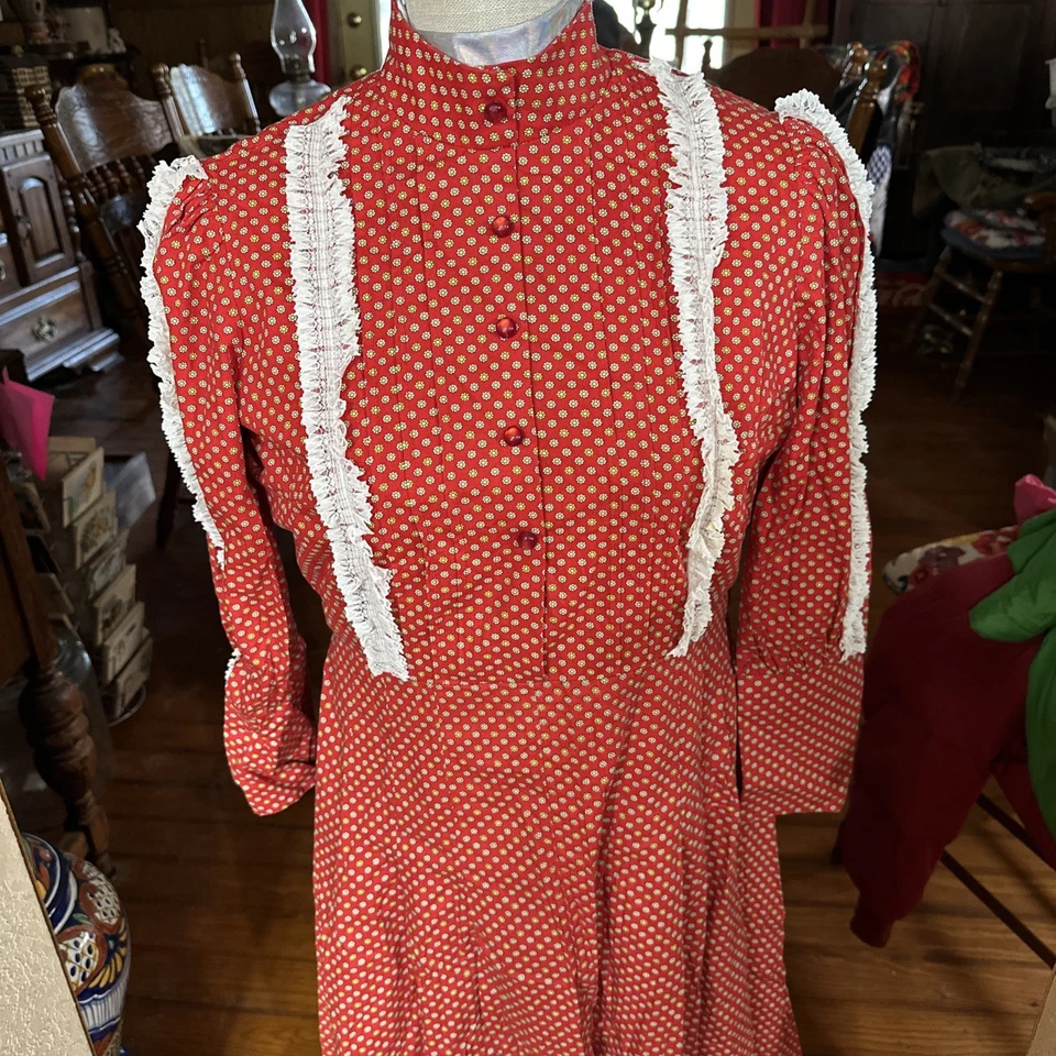 Vestido vintage hecho a mano años 70 Calico Prairie talla M-L encaje floral cottagecore Foto 2 de 4