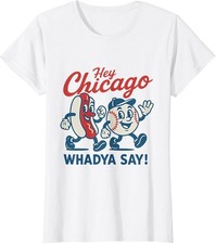 Camiseta de cuello redondo Hey Chicago Whadya Say de béisbol y perrito caliente cuarta para dama