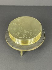 Vintage 1995 Brass Coaster Set of Six Gold Color Embossed Design W/ Storage Base