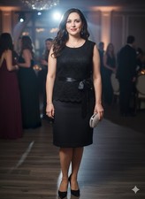 Black Lace Sheath Knee Length Dress Belt Accent Sleeveless Round Neck