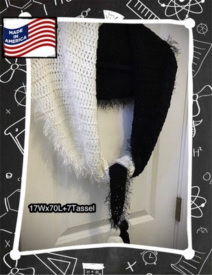 Handmade Crocheted Scart Shawl Black White With Fun Fun & Tassels