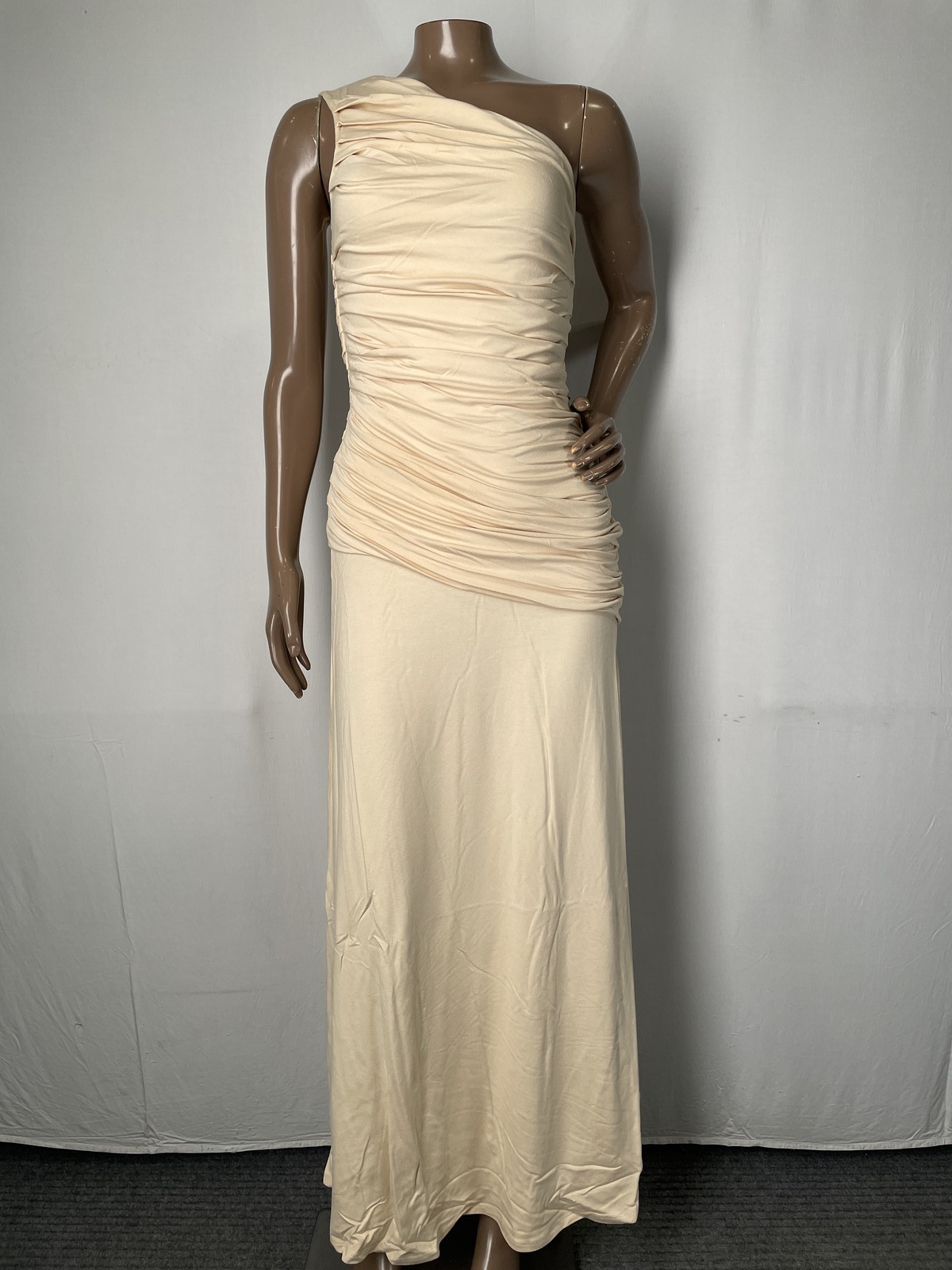 Pink Filosofy Womens Maxi Dress Light Peach Size M Mila One Shoulder Soft Ruched