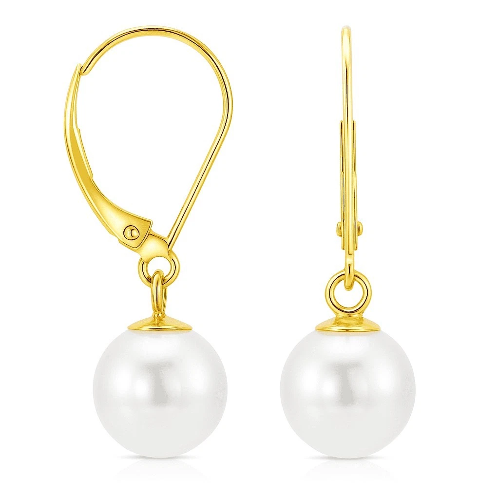 Solid 14K Yellow Gold Akoya Cultured Pearl Leverback Earrings 8-8.5mm Women's
