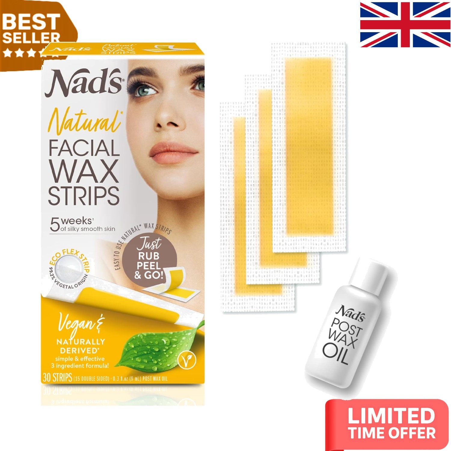 30 Count  Facial Wax Strips for Gentle Hair Removal + Post-Wax Oil Included