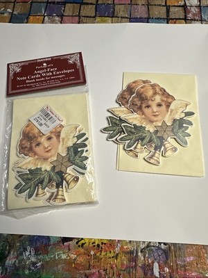 1997 B. Shackman & Co 8 Angel Note Cards Vintage Christmas Bells Star Gold