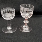 2 x antique Small Acorn Oak Leaf Engraved Liqueur Glasses Holmgaard Vintage Era