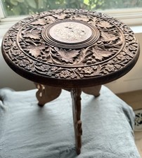 Vintage Hand Carved & Crafted Wood Inlay Folding Plant Stand 13 X 11.5 Heavy