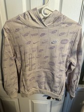 Nike Hoodie Kids Small Cream Purple All Over Swoosh Logo Pullover NEW MSRP 55