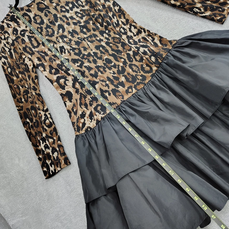 Vestido de Fiesta De Colección Morton Myles for the Warrens Talla 6 Negro Glamour Estampado Animal en Niveles Foto 3 de 4