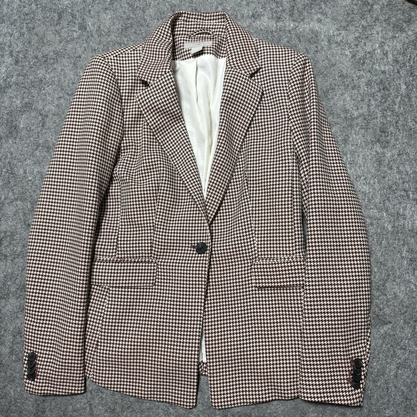 Hm Womens Jacket Blazer Size 6 Brown Houndstooth 1 Button Coat-image
