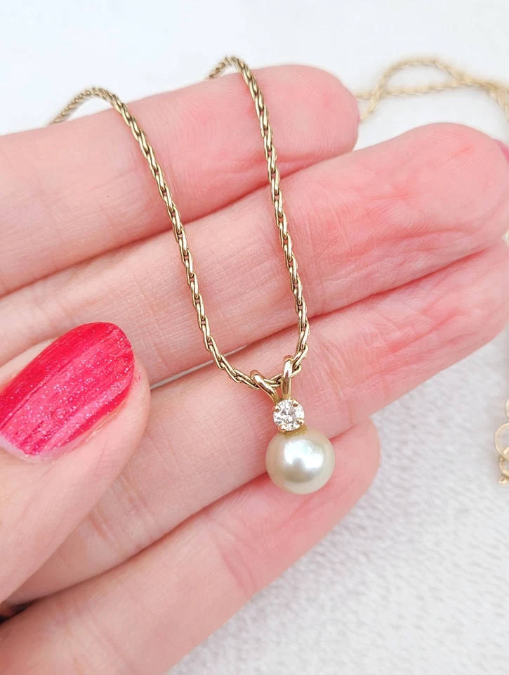 Vtg 14k Yellow Gold Diamond & Pearl Drop Pendant Necklace - 18" - 5.2g - Image 3 of 4