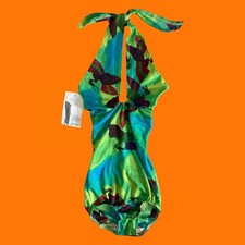 70's vintage groovy bird print plunging halter bathing suit Size 6 deadstock 