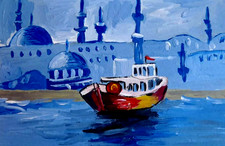 Dipinto originale turco Istanbul Wall Art opera d'arte islamica paesaggio urbano