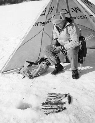 1968 Man Ice Fishing on Inez Lake, Montana Vintage Old Photo Reprint