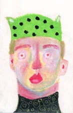 Portrait Painting Man Green Viking Hat 4x6 Naive Outsider Winter Art Miz Katie