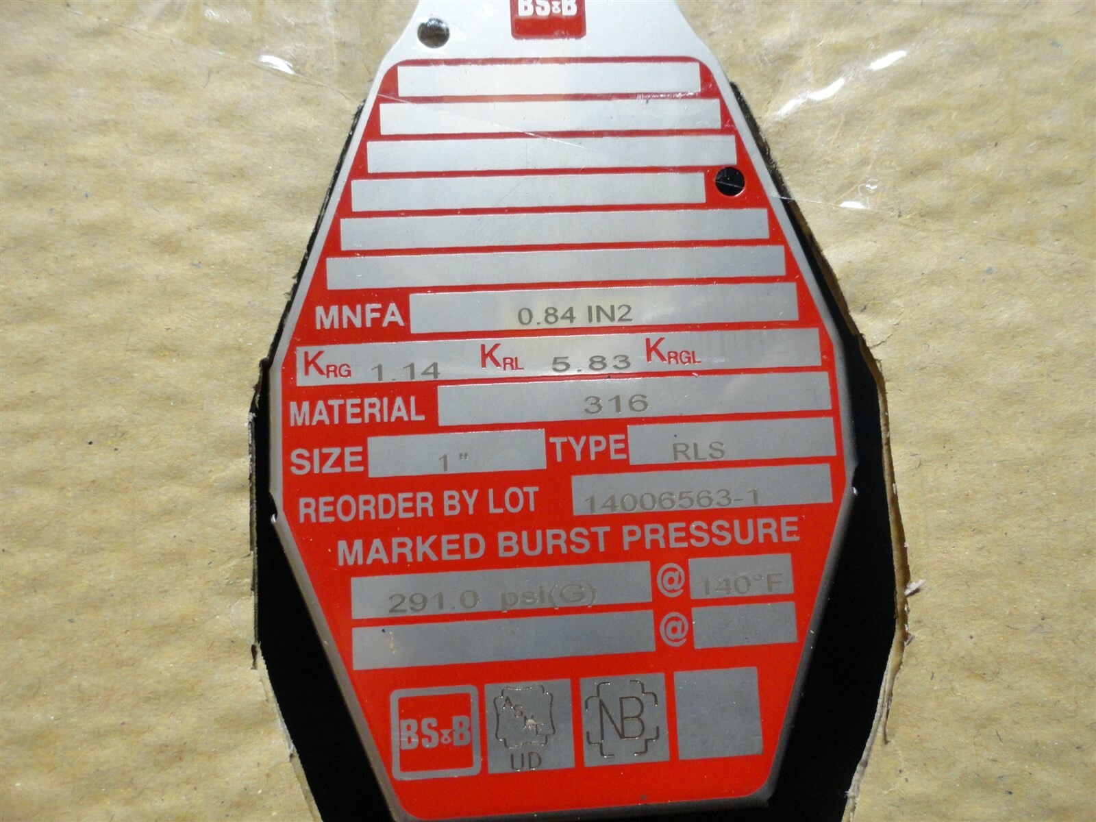 BS&B SAFETY SYSTEMS - RUPTURE DISK - TYPE RLS - SIZE 1