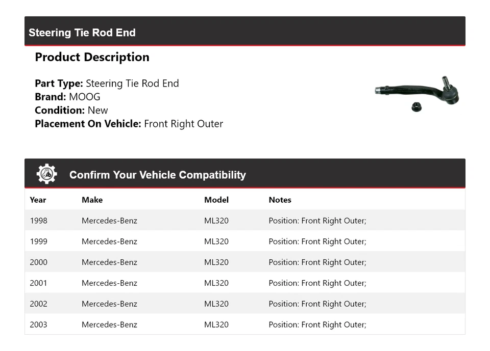 Для 1998-2003 Mercedes-Benz ML320 руль анкерный конец передний правый внешний MOOG - Изображение 2 из 4