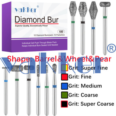 Vakker 10pc Diamond Burs Shape Barrel Wheel Pear Fine Medium Coarse