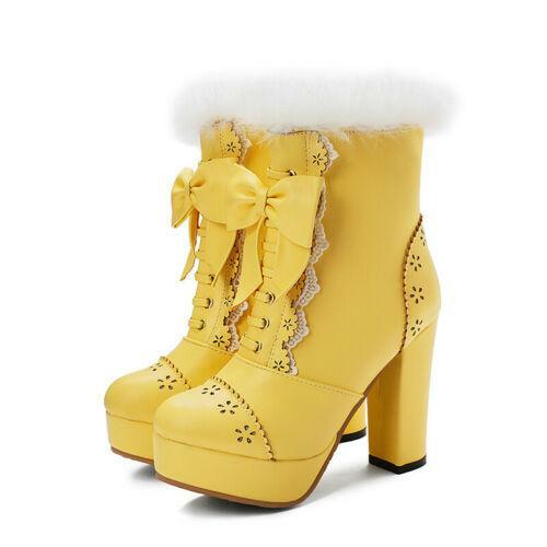 Stivaletti da donna in pelliccia invernale eleganti dolci con lacci tacchi grossi scarpe plateau - Foto 9 di 18